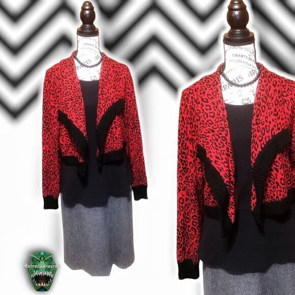 Leopard Print Red & Black Cropped Waterfall Open Front Cardigan Lennie by Nina L - Picture 1 of 8